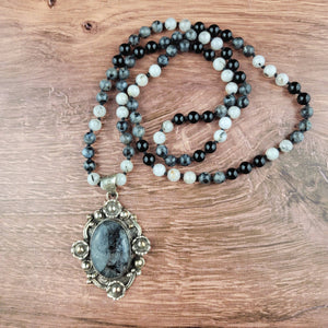 Black Tourmaline Tibetan Pendant Beaded Necklace