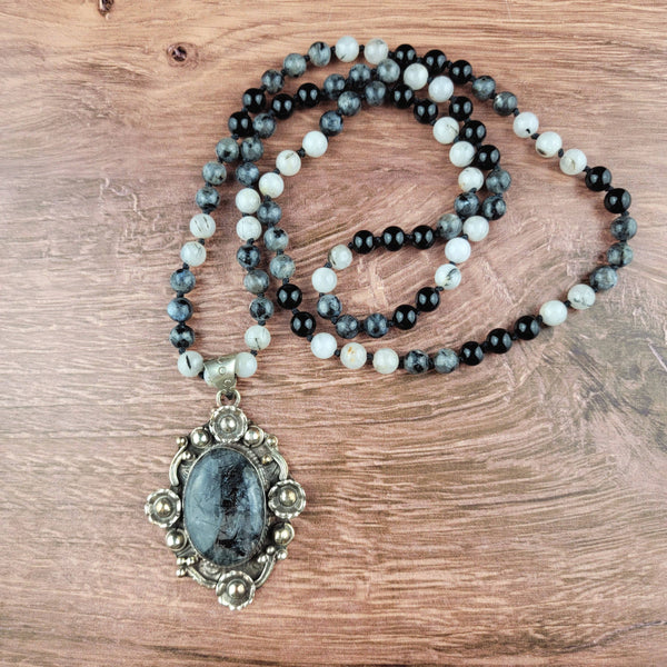 Black Tourmaline Tibetan Pendant Beaded Necklace