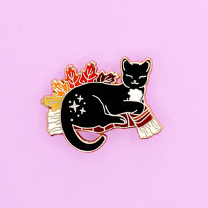 Autumn Fall Snuggle Cat enamel pin; Black and white tuxedo c