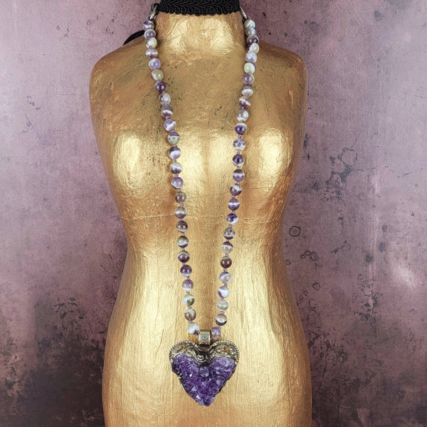 Raw Amethyst Tibetan Pendant Heart Beaded Necklace