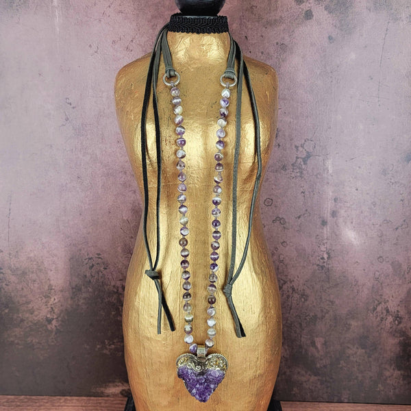 Raw Amethyst Tibetan Pendant Heart Beaded Necklace