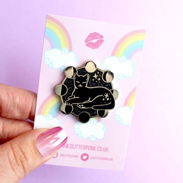 Moon phases cat enamel pin