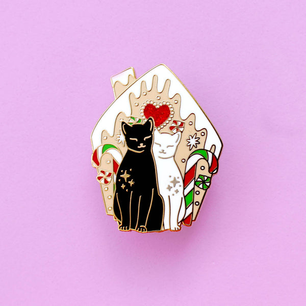 Gingerbread House Cats Enamel Pin; Christmas festive Black a