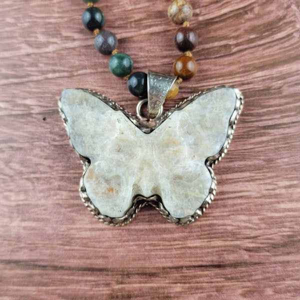 Large Tibetan Moonstone Butterfly Skull Beaded Necklace