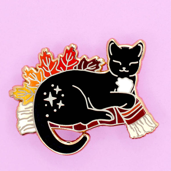 Autumn Fall Snuggle Cat enamel pin; Black and white tuxedo c