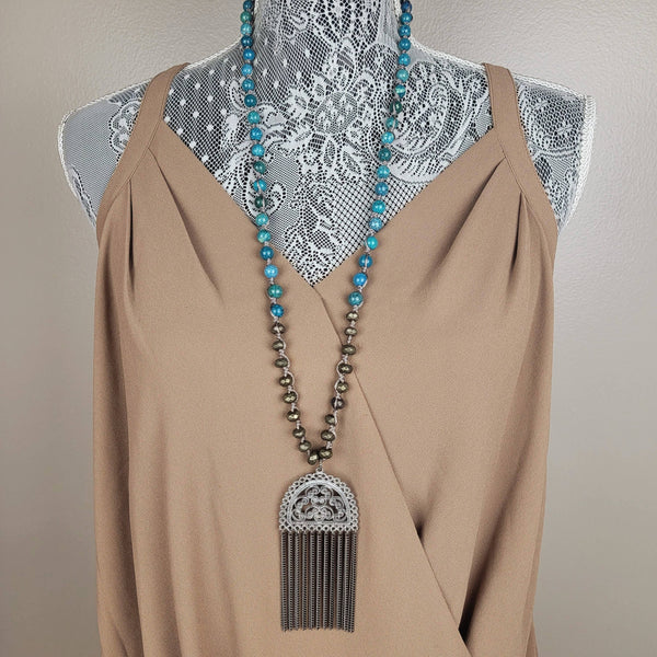 Ornate Fringe Pendant Beaded Necklace