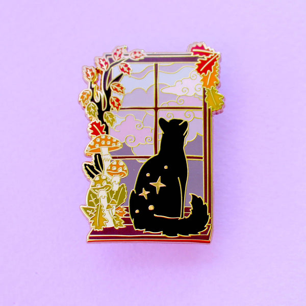 Autumn Fall Window Cat Enamel Pin; Black Cat in Stormy Windo