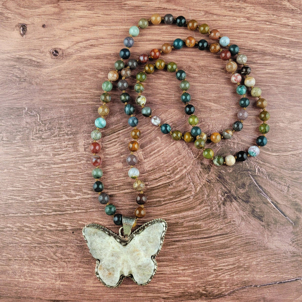 Large Tibetan Moonstone Butterfly Skull Beaded Necklace