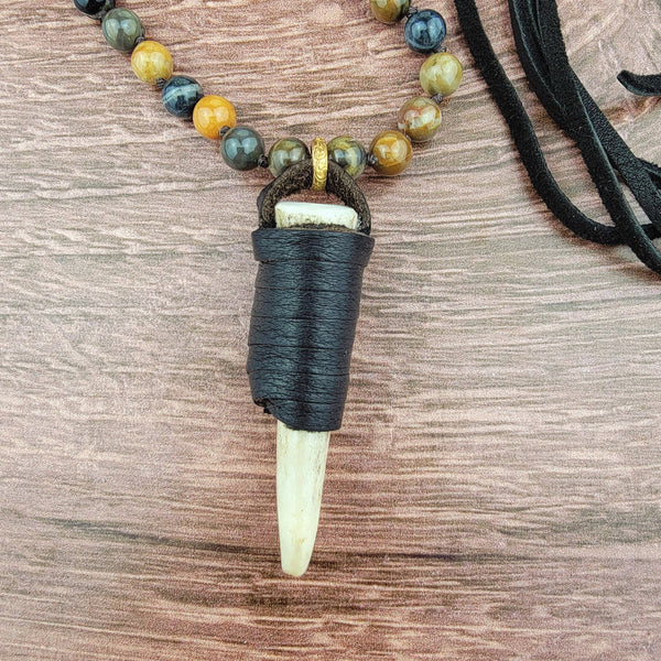 Leather Wrapped Deer Antler Pendant Beaded Necklace