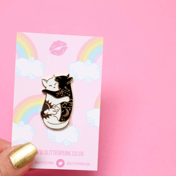 Day and Night Hugging Cats Enamel Pin