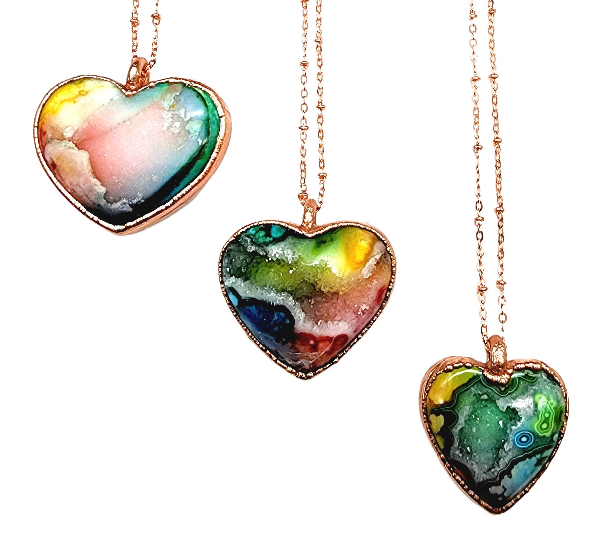 Rainbow Agate Druzy Geode Heart Necklace