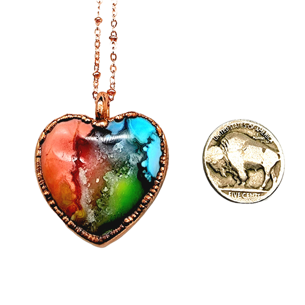 Rainbow Agate Druzy Geode Heart Necklace