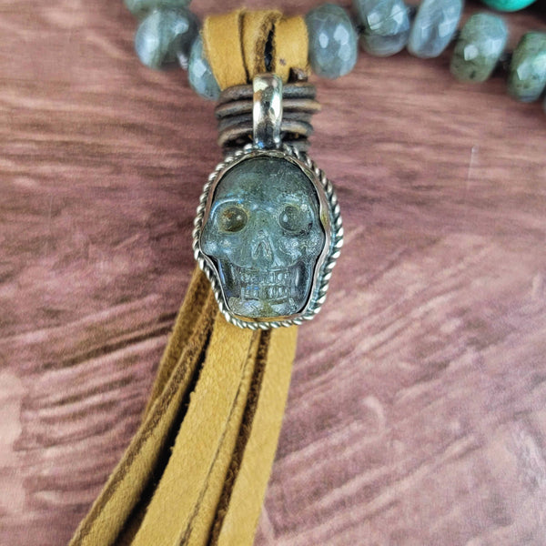 Tibetan Silver Labradorite Skull Beaded Pendant Necklace