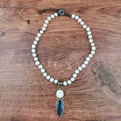 Labradorite & Shell Tibetan Pendant Beaded Necklace