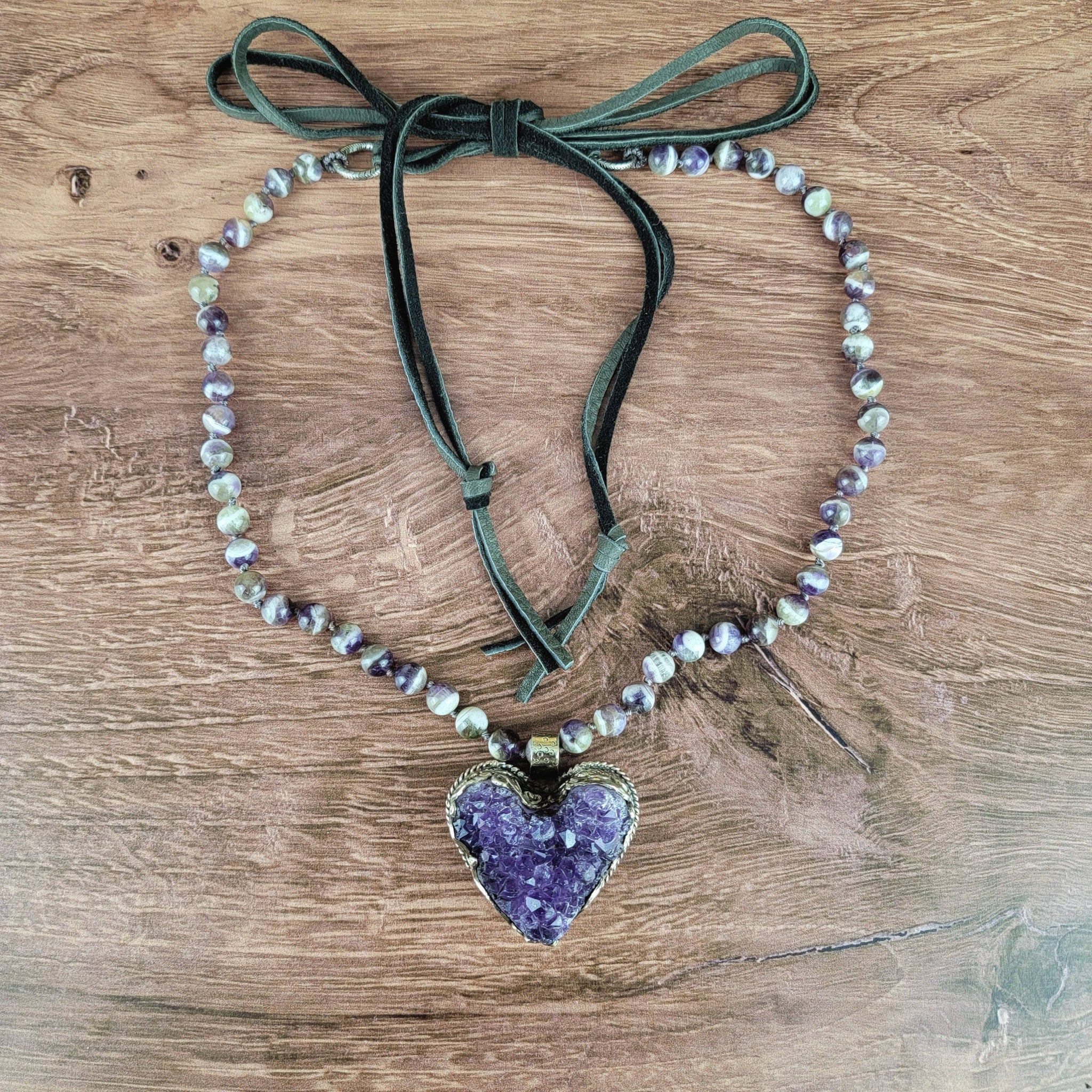 Raw Amethyst Tibetan Pendant Heart Beaded Necklace