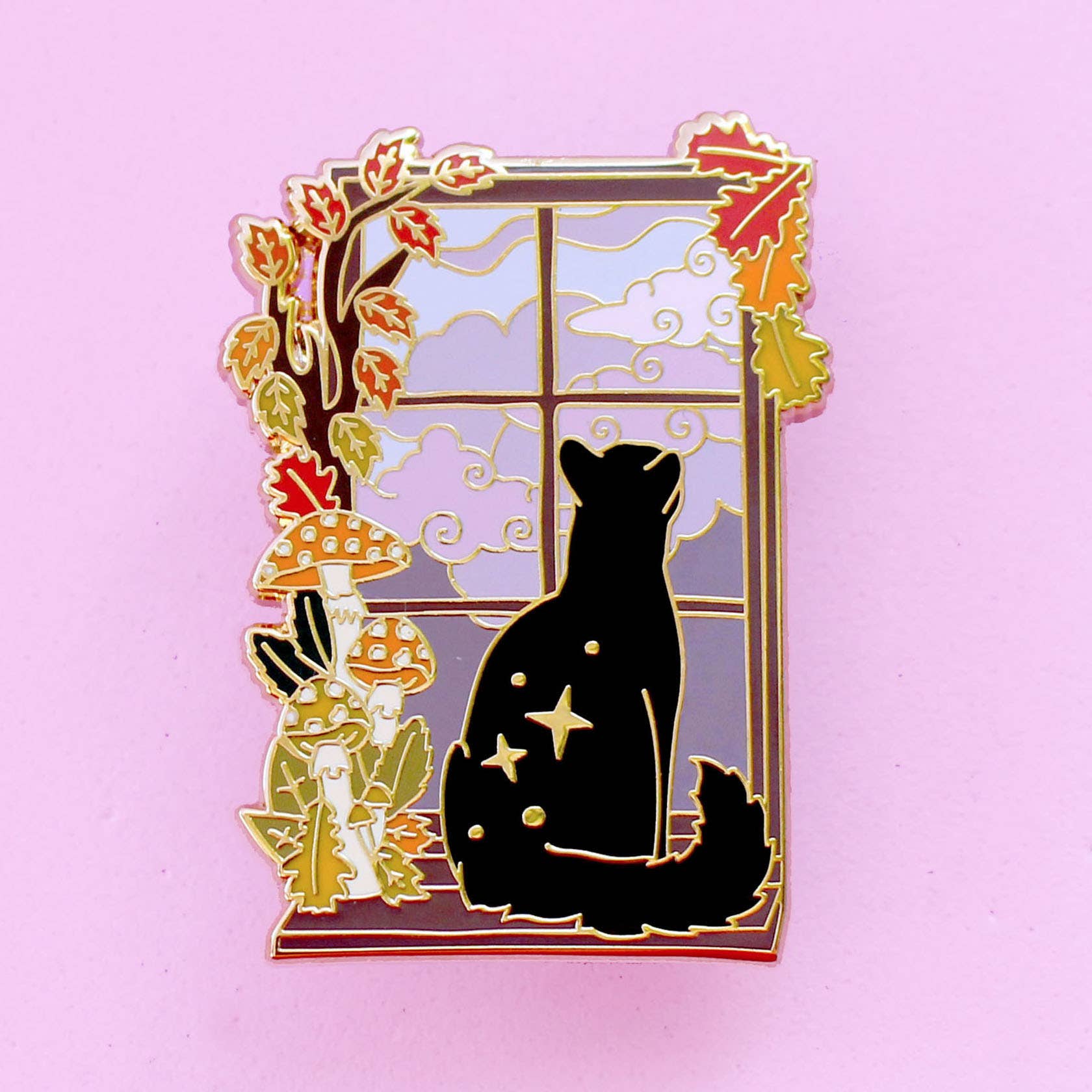 Autumn Fall Window Cat Enamel Pin; Black Cat in Stormy Windo