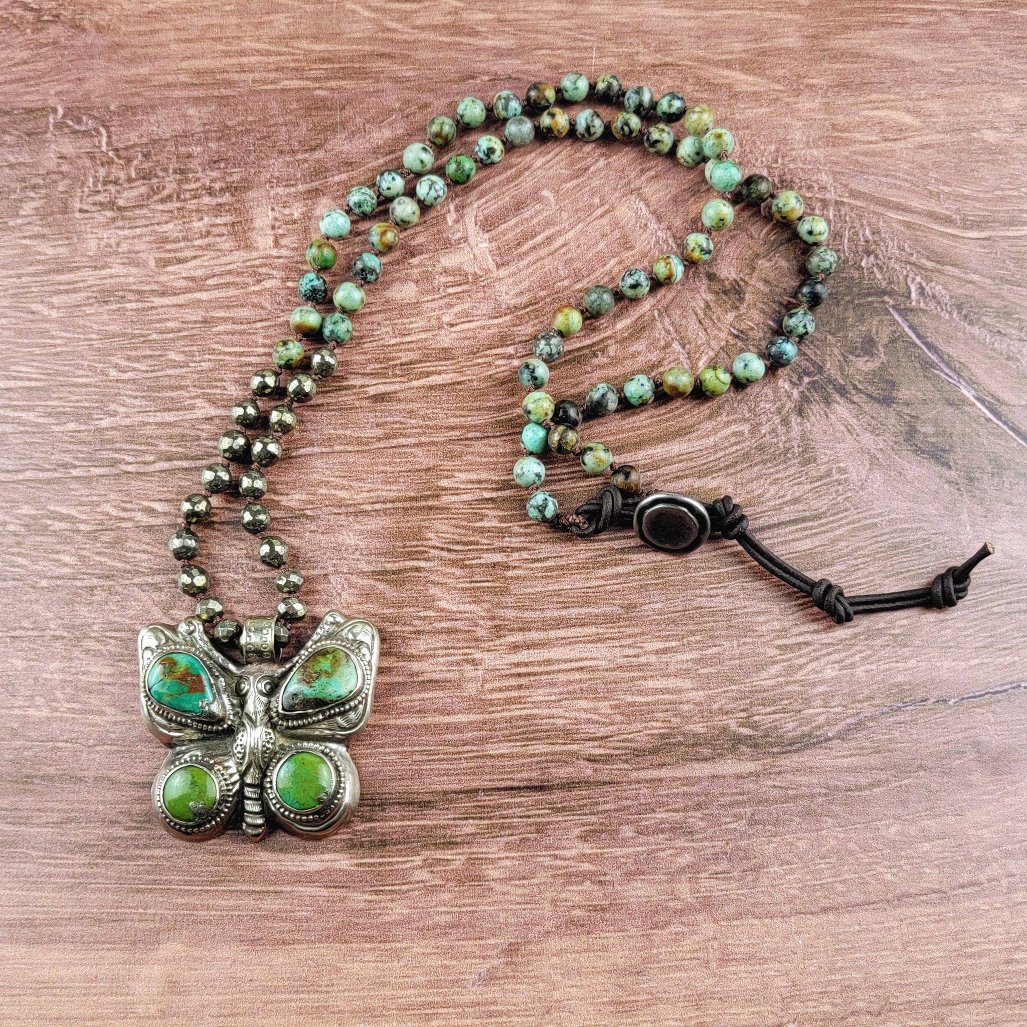 Turquoise Tibetan Silver Butterfly Pendant Beaded Necklace