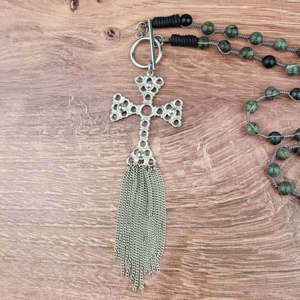 Silver Fringe Cross Pendant Beaded Necklace