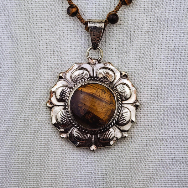 Tiger Eye Tibetan Flower Pendant Beaded Necklace