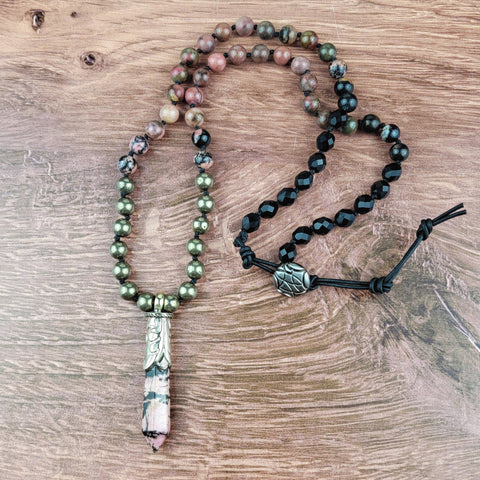 Rhodonite Point Tibetan Pendant Beaded Necklace