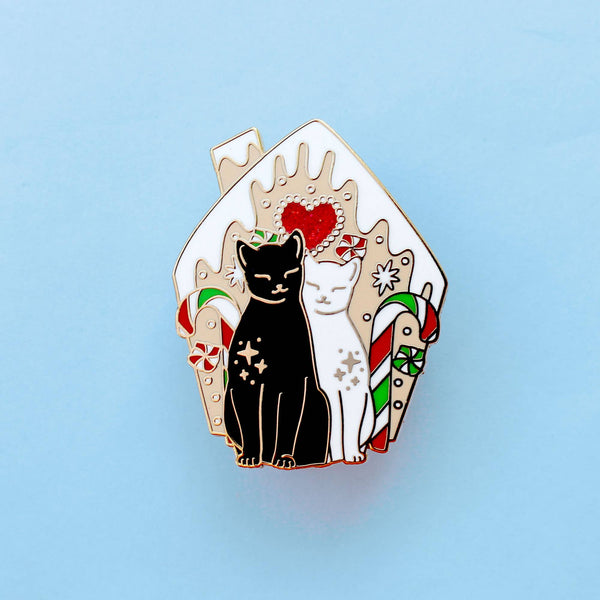 Gingerbread House Cats Enamel Pin; Christmas festive Black a