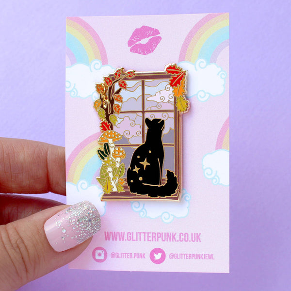 Autumn Fall Window Cat Enamel Pin; Black Cat in Stormy Windo