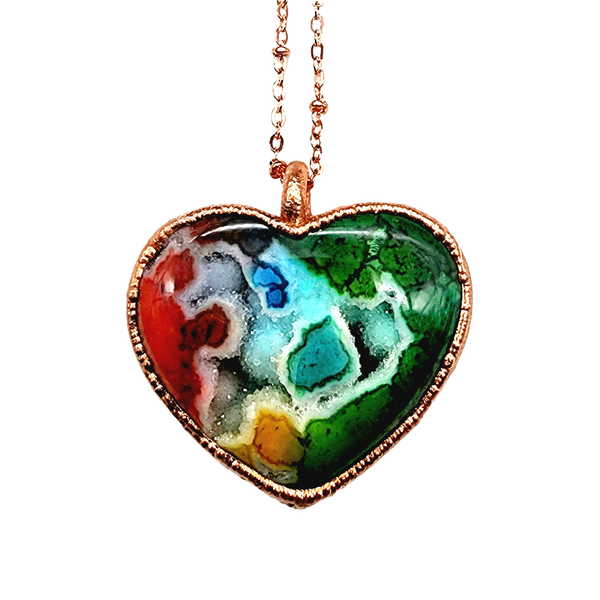 Rainbow Agate Druzy Geode Heart Necklace