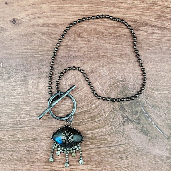 Soldered Labradorite Evil Eye Pendant Ball Chain Necklace