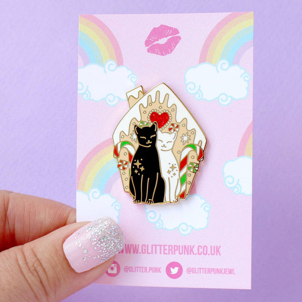 Gingerbread House Cats Enamel Pin; Christmas festive Black a