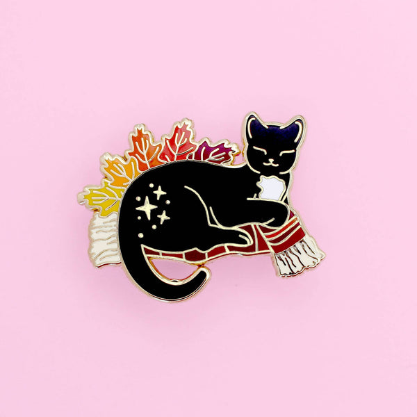 Autumn Fall Snuggle Cat enamel pin; Black and white tuxedo c