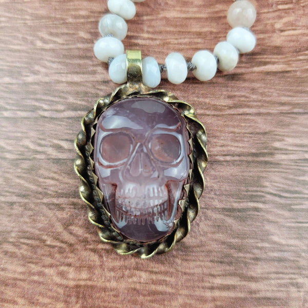 Tibetan Silver Rose Quartz Skull Pendant Necklace