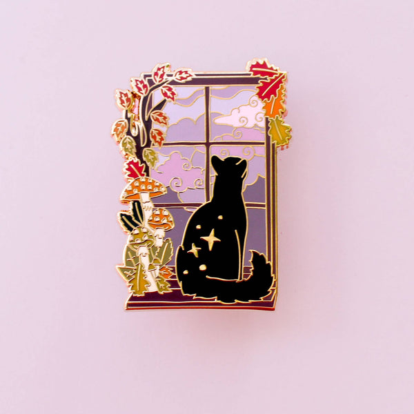 Autumn Fall Window Cat Enamel Pin; Black Cat in Stormy Windo