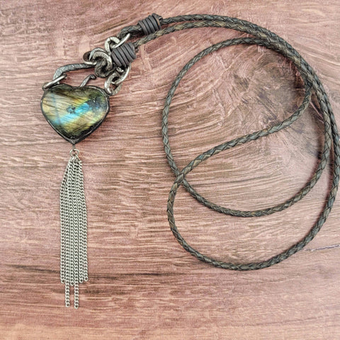 Labradorite Soldered Heart Pendant Leather Necklace