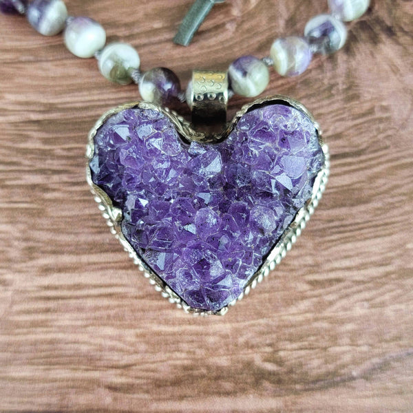 Raw Amethyst Tibetan Pendant Heart Beaded Necklace