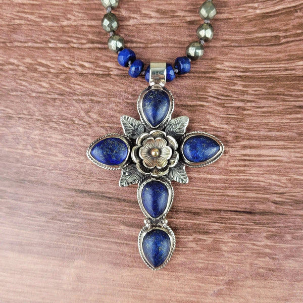 Tibetan Lapis Cross Pendant Beaded Necklace