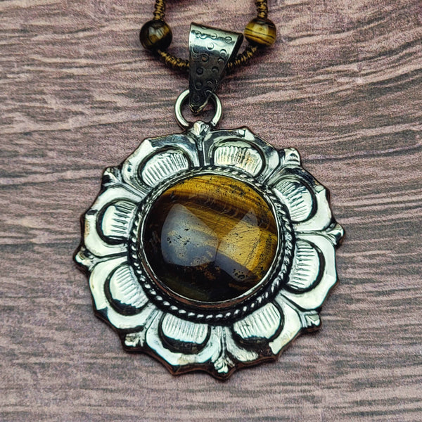 Tiger Eye Tibetan Flower Pendant Beaded Necklace