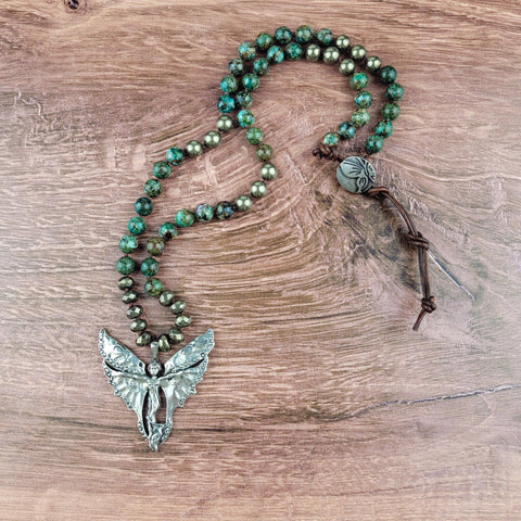 Pewter Butterfly Fairy Pendant Beaded Necklace