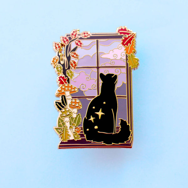 Autumn Fall Window Cat Enamel Pin; Black Cat in Stormy Windo