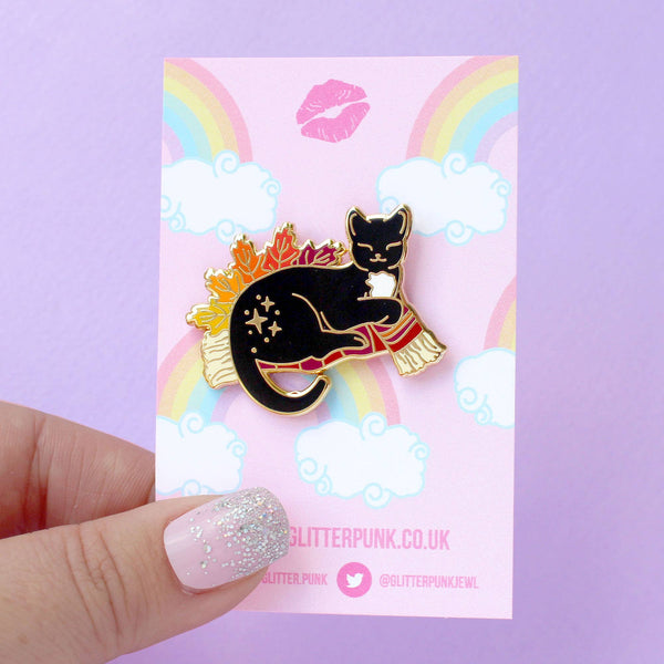 Autumn Fall Snuggle Cat enamel pin; Black and white tuxedo c