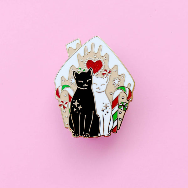 Gingerbread House Cats Enamel Pin; Christmas festive Black a