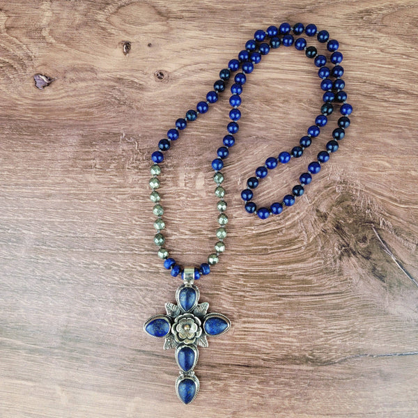 Tibetan Lapis Cross Pendant Beaded Necklace