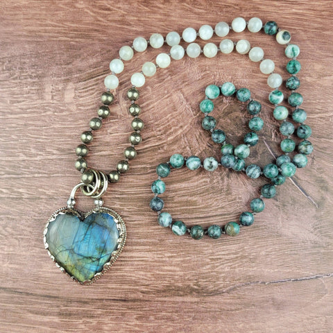 Labradorite Tibetan Heart Pendant Beaded Necklace