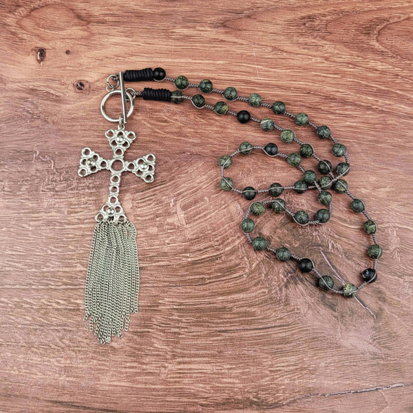 Silver Fringe Cross Pendant Beaded Necklace