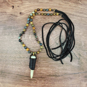 Leather Wrapped Deer Antler Pendant Beaded Necklace