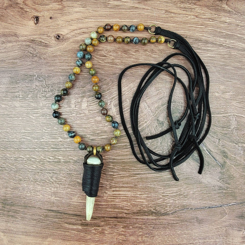 Leather Wrapped Deer Antler Pendant Beaded Necklace