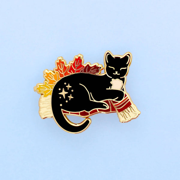 Autumn Fall Snuggle Cat enamel pin; Black and white tuxedo c