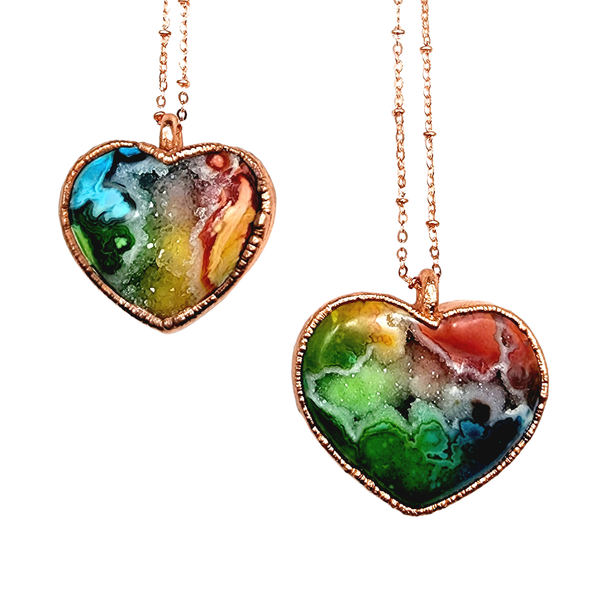 Rainbow Agate Druzy Geode Heart Necklace