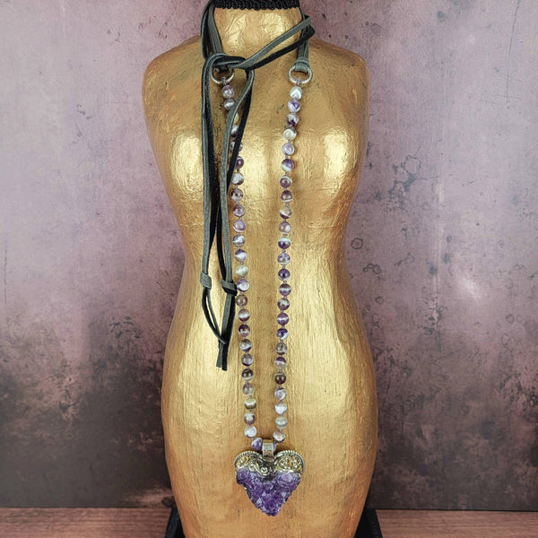 Raw Amethyst Tibetan Pendant Heart Beaded Necklace