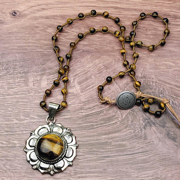 Tiger Eye Tibetan Flower Pendant Beaded Necklace