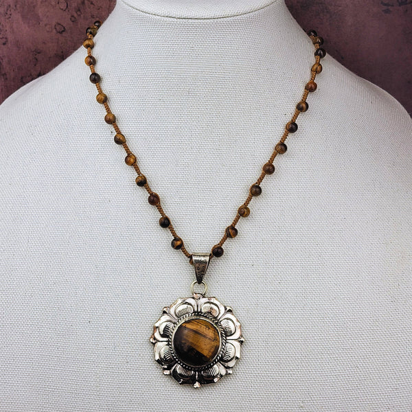 Tiger Eye Tibetan Flower Pendant Beaded Necklace